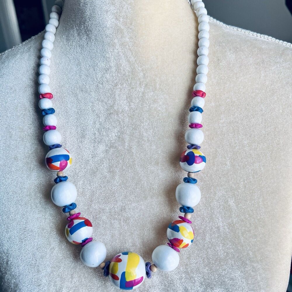 White Statement Necklace Large Beads With Colorful Abstract Designs 24”